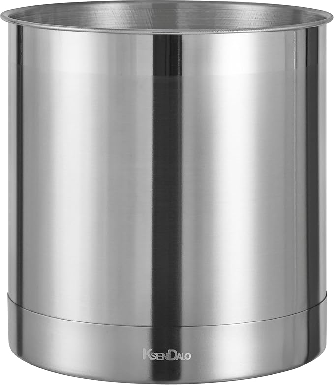 KSENDALO Stainless Steel Utensil Holder 7x7inch Large Utensil Holder for Countertop, Round Utensil Caddy for Spoons, Silverware, and Spatulas for Kitchen, Silver