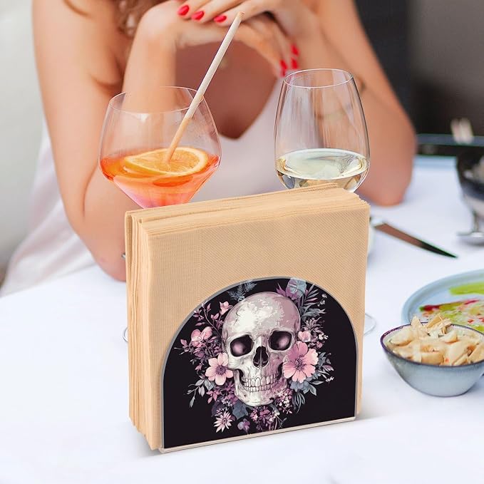 Fustylead Skull and Floral Gothic Black and Purple Napkin Holder for Table Acrylic Vertical Napkin Holders for Paper Napkins Decor Napkin Dispenser for Home Party Dining Cocktail Kitchen, 2 Pack