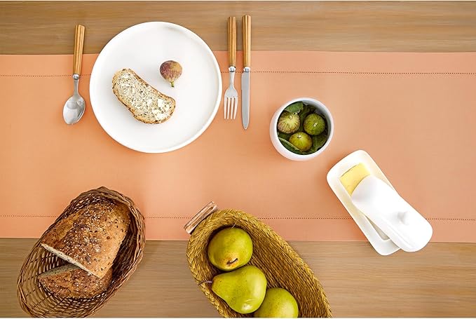 Solino Home Cotton Linen Table Runner 90 Inches Long - Hemstitch Peach Bloom Dining Table Runner 14 x 90 Inch for Spring, Summer