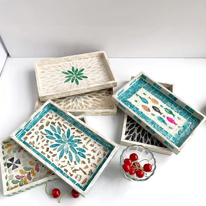 Mother of Pearl Inlay Wooden Tray – Handmade Decorative Rectangle Serving Tray for Coffee Table, Kitchen, Bathroom, Vanity or Living Room Decor (Vintage Hearts)