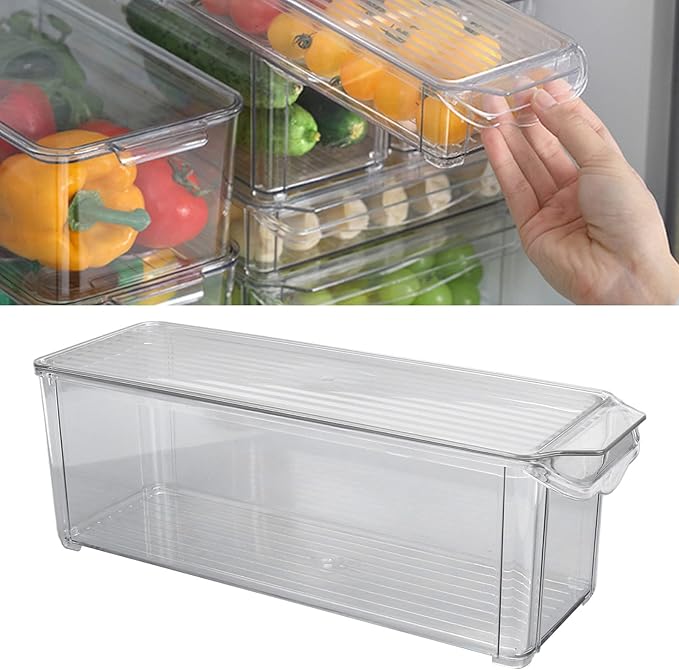 Clear Organizing Bin, Plastic Storage Container, Large Capacity for Kitchen Cabinet Refrigerator and Pantry Organization (Narrow and tall (with lid))
