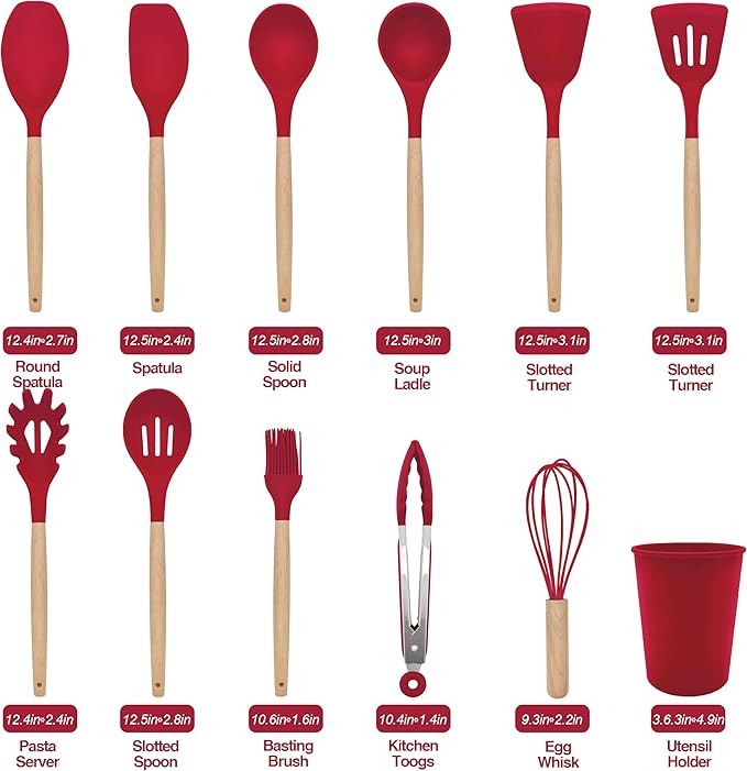 Kitchen Utensils Set 12 Pieces Nonstick Silicone Cooking Utensils Wood Handle Silicone Cooking Utensils Set with Holder Dishwasher Safe BPA Free(red)