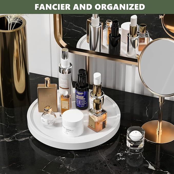 Turntable Vanity Tray 10 Inch for Perfume Candle, Bamboo Kitchen Sink Countertop Organizer for Keep Glass, Sponge and Soap Bathroom Countertop Organizer White