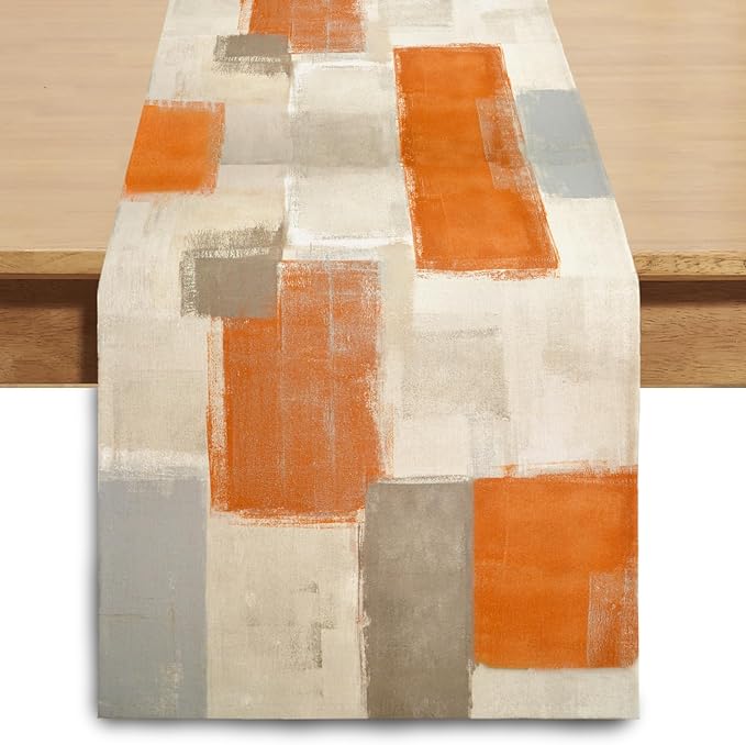 Orange Grey Watercolor Table Runner 72 Inches Long, Art Abstract Modern Table Runners for Seasonal Decor Party Kitchen Dining Coffee Table Dressers Wedding Home