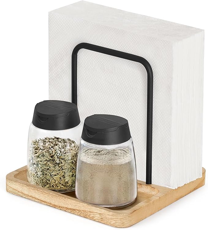 Mkono Napkin Holder for Table Farmhouse Black Wooden Napkin Dispenser Rustic Paper Napkin Storage for Kitchen Dining Room Coffee Bar (Salt and Pepper Shakers not Included) (Nature)