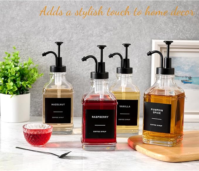 Coffee Syrup Dispenser for Bar, Glass Syrup Bottle with Pump, Coffee Pump Dispenser Bottle with Tray, Spoon for Station,16.9 oz, Black, 500 ml