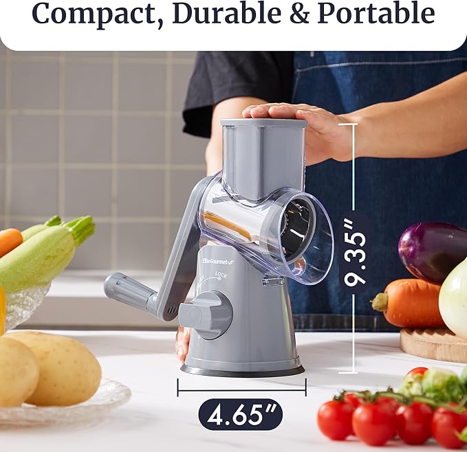 Elite Gourmet EFP593 Rotary Cheese Grater with 3 Stainless-Steel Blades for Slicing, Shredding & Fine Shredding, Strong Suction Base, Dishwasher-Safe, Grey