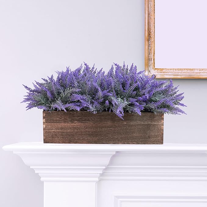 Winlyn 14" Artificial Lavender Flowers Plants in Rectangular Wooden Planter Box Faux Frosted Lavender Potted Arrangements Floral Centerpiece for Farmhouse Home Wedding Table Centerpiece Mantel Décor