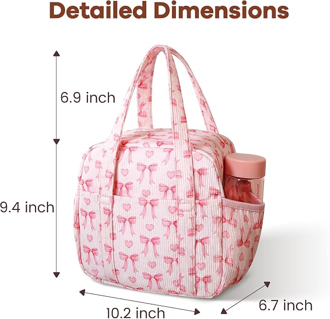 Yarnic Lunch Bag Women Insulated, Large Corduroy Lunch Box for Work with Bottle Pockets, Stylish Reusable Cooler Tote for Adults Teachers Picnic Travel (Pink Bow)
