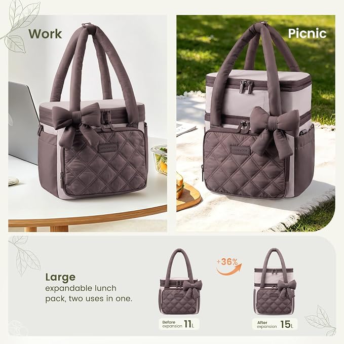 LOVEVOOK Insulated Lunch Bag Women,Expandable Double Deck Adult Lunch Box Women with Cup Holder,Bow Quilted Puffer Lunch Tote,Large Leakproof Collapsible Cooler Bag for Work College Picnic Meal Prep