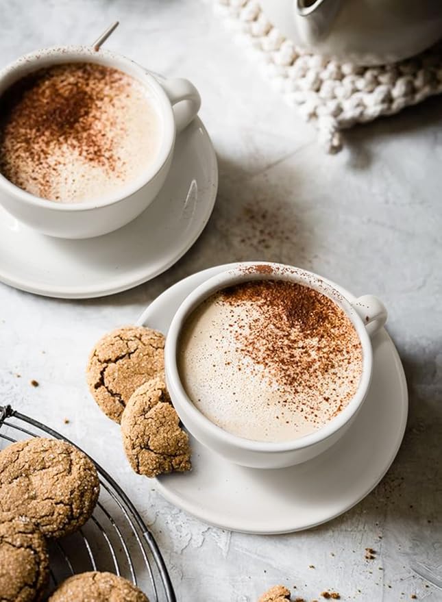 LE TAUCI 8 oz Cappuccino Cups with Saucers, Set of 4 Large Ceramic Coffee Cup Set for Latte, Au Lait, Flat White, Mocha, Tea Cup Set, Dishwasher Safe, Embossed Coffee Cups, White