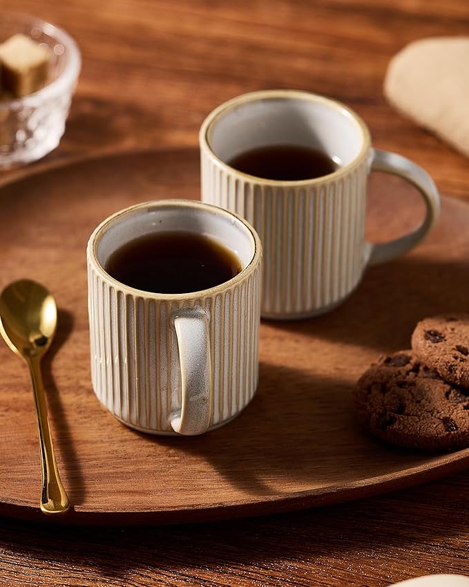 famiware Star Espresso Cups and Saucers Set of 4, [ Mini ] 3 oz Ceramic Small Coffee Mug with Handle, Ribbed Stoneware Demitasse Cup for Tea, Latte - Microwave & Dishwasher Safe - Cappuccino White