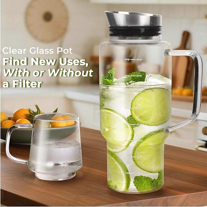Aquach 68oz Cold Brew Coffee Maker, Borosilicate Glass Pitcher for Iced Tea | Dishwasher Safe, Up to 2 Weeks Fresh Aroma, Family Size, Refrigerator Fit, 304 Stainless Filter