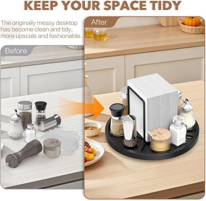 Napkin Holder for Table, Rotating Napkin Dispenser with Salt and Pepper Shakers Storage, Standing Paper Napkin Organizer for Kitchen Dining Table Decor (1, Black Round)