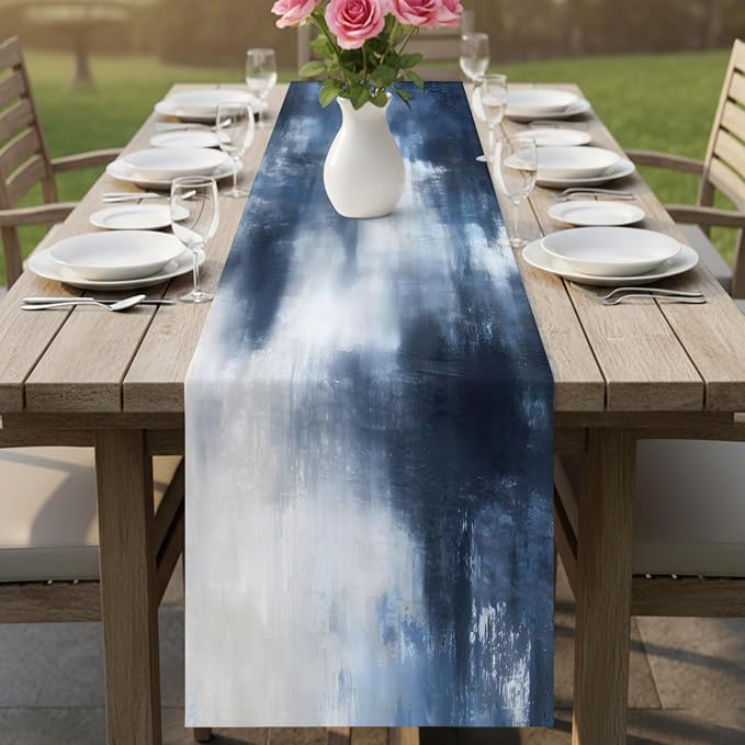 Ombre Dark Blue Short Table Runners 48 Inches, Cotton Linen Fabric Table Runner Dresser Scarf, Modern Simple Painting Art Tablerunner for Party/Kitchen/Dinner/Wedding Decor 13"x48"
