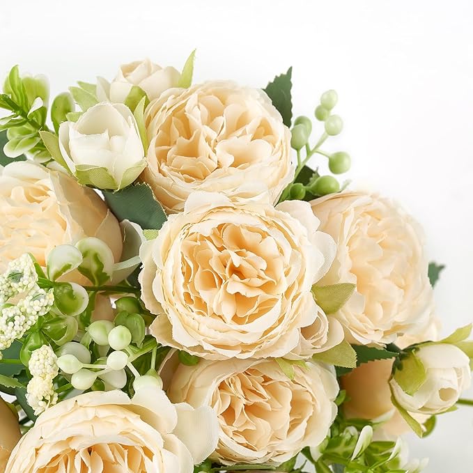 Mkono Peonies Artificial Flowers, Small Silk Flowers for Home Decor Indoor Fake Bouquet Faux Floral Arrangements Dining Table Centerpieces for Kitchen Party Decor Champagne