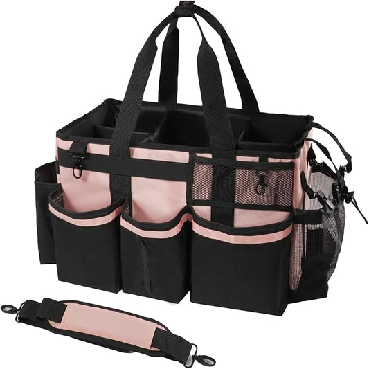 SCAVATA Wearable Cleaning Caddy, Cleaning Caddy Supplies Organizer with Handle & Shoulder Straps for Housekeepers, Under Sink & Car Cleaning Tool Organizers Bag with 4 Foldable Divider (Pink)