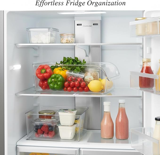 Refrigerator Storage Bin for Organization, Clear PET Plastic Food Container with Handles, Slide-Out Organizer Box for Fridge Shelves, Pantry, and Countertop, 10.2 x 7.1 x 3.1 Inches