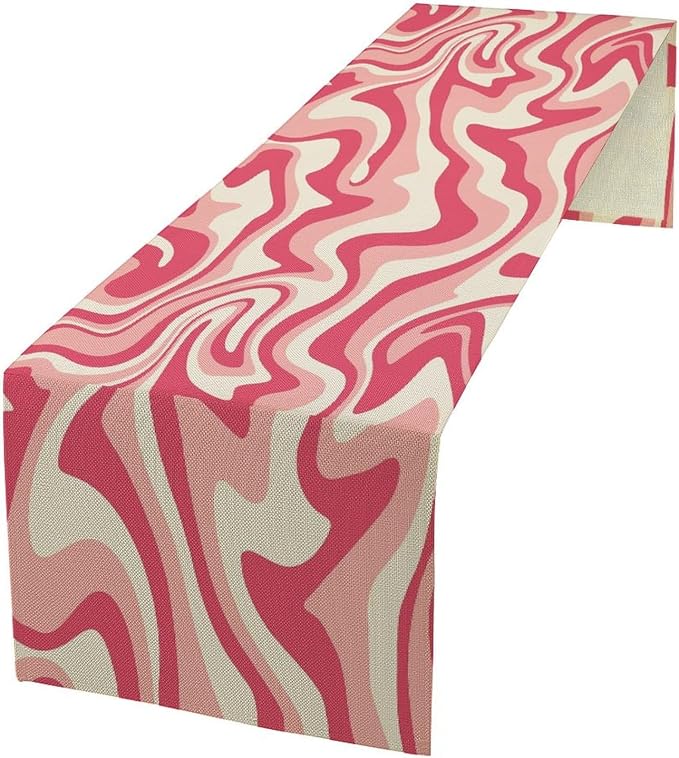 Aesthetic 70S Pink Table Runner Mid Century Abstract Wavy Swirl Cute Retro Boho Groovy Dinner Runner for Farmhouse Country Home Kitchen Dining Table Party 13x36in