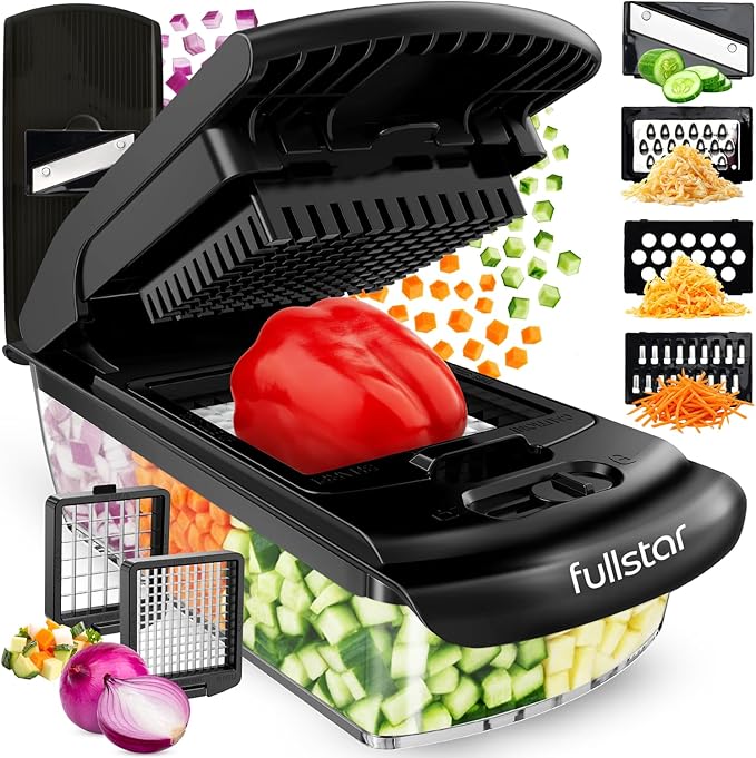 Fullstar Pro Original Vegetable Chopper & Mandoline - Chopper & Mandoline Lids - Food Chopper with Container, Fruit Slicer, Onion Dicer - All-in-One Prep Tool - Kitchen Gadgets & Gifts (6 in 1, Black)