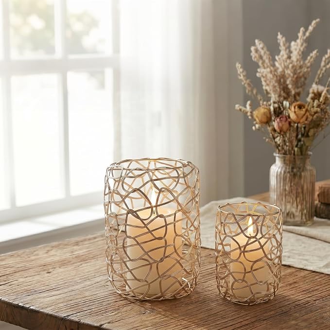 Nest Decorative Lanterns for 2'' & 3'' Pillar Candles, Gold Candle Holders Set of 2, Modern Metal Candleholder Stand for Fireplace Mantel Decor & Table Centerpieces for Christmas
