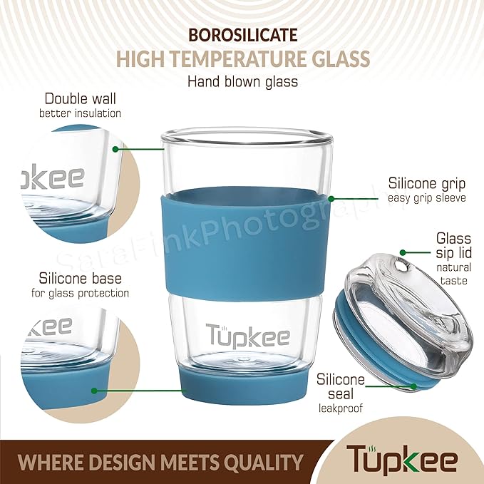 Double Wall All Glass Tumbler - 8-Ounce, Reusable Insulated Tea/Coffee Mug & Lid, Hand Blown Glass Travel Mug - Niagara - 2 Pack
