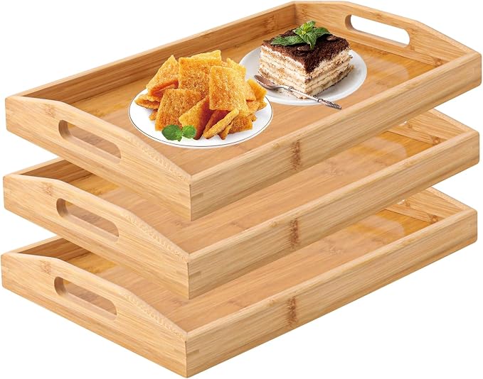 3 PCS Bamboo Serving Tray, Breakfast Bed Tray with Handle, 15 x 10 x 2 Inch Wood Serving Tray for Serving, Breakfast Bed Trays for Eating, Decor, Displaying Cake, Fruit