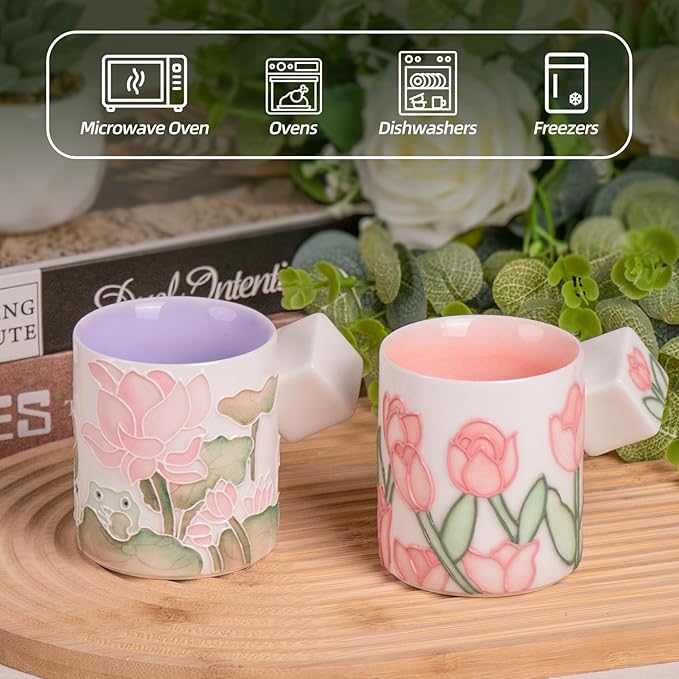 KAMMAK Ceramic Teacups - 155ml/5.2oz Coffee Cup - Set of 2 Hand-Painted Ceramic Cups - Small Vintage Mate Cup - Cute Mugs for Women - Ideal for Birthday, Afternoon Tea & Housewarming Gifts