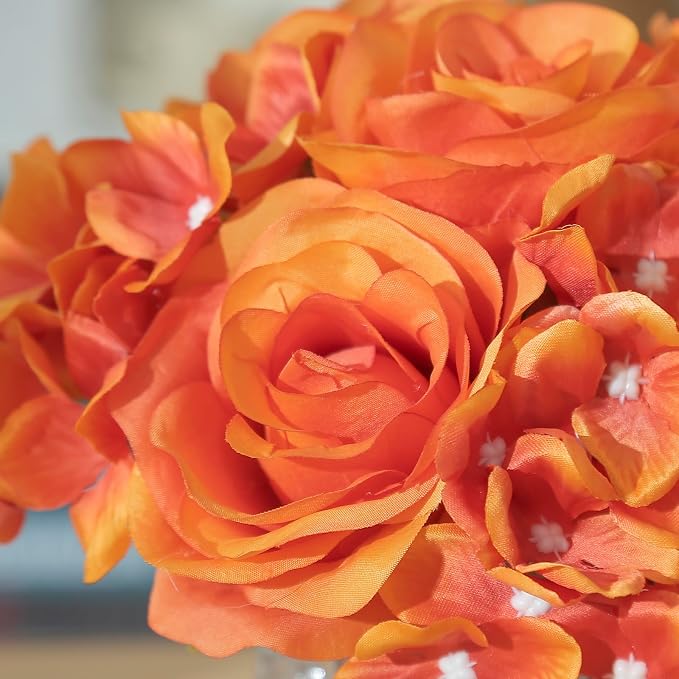 Rose Silk Flower Arrangement Artificial Vivid Rose in Glass Vase with LED Light Elegant Centerpiece for Home Wedding Bathroom Table Shelf Decoration (Orange)