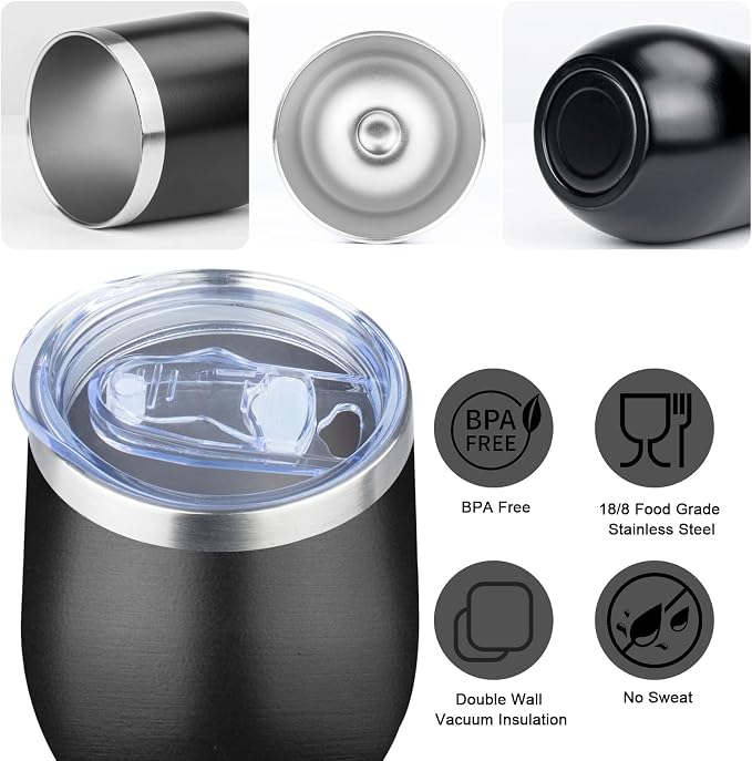 MEZMUT 12 Oz Insulated Wine Tumbler with Lid Double Wall Vacuum Stainless Steel Wine Glass Coffee Mug Insulated Tumbler Cup for Champaign, Cocktail, Beer (Multi-color, 4 Pack)