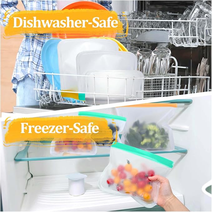Reusable Freezer Bags Food Storage Bags for Meal Prep Containers, BPA Free Food Storage Bags, Leakproof Reusable Food Bags Dishwasher Safe for Salad Fruit, Vegetables, 3 Gallon 4 Sandwich 1 Snack