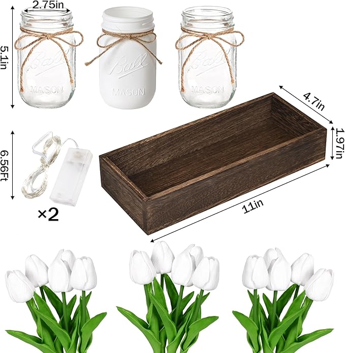 BLEUM CADE Mason Jar Centerpiece Table Decorations, Mason Jar Lights Centerpiece for Kitchen Dining Table Farmhouse Coffee Table Wedding Home Decor with 3 Jars Tulips Artificial Flowers & Wood Tray