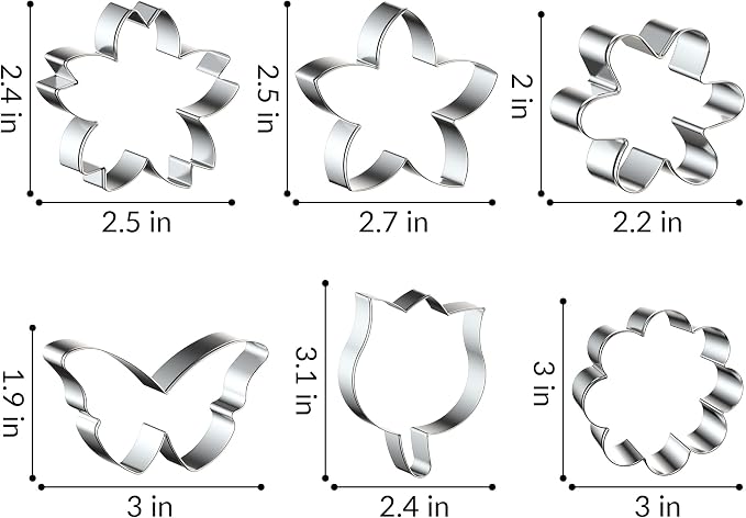 FUSOTO 6PCS Flower Cookie Cutter Set, 3 Inches Flower Shaped Cookie Cutter-Daisy, Tulip, 3 Shaped of Flowers, Butterfly, Stainless Steel Cookie Cutters, Baking Tool for Homemaking Cookie