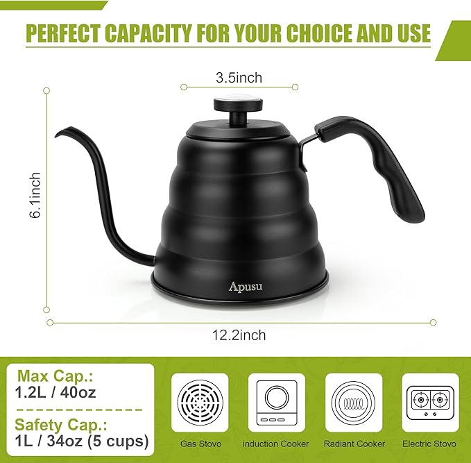 Tea Kettle with Thermometer Pot Black Stovetop Tea Kettle 40oz Gooseneck Kettle Teapot Pour Over Coffee Kettle with Thermometer,1200ml,5 Cup,Black,1Pack