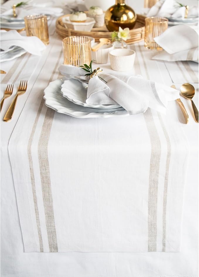 Solino Home Linen Table Runner 132 Inches Long - 100% Pure Linen Natural and White French Stripe Table Runner 14 x 132 Inch for Dining, Spring, Summer