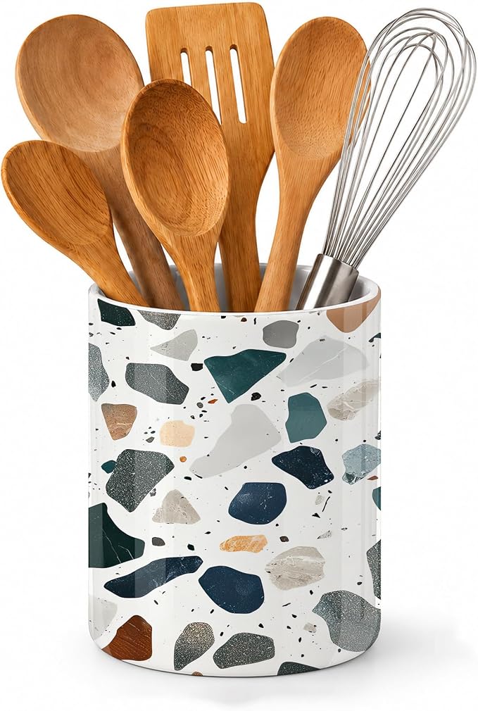 Kitchen Utensil Holder,Terrazzo Colorful Stone Ceramic Utensil Crock for Countertop,Cooking Tools Storage jar for Spatulas and Spoons,Housewarming Gifts 6.3"