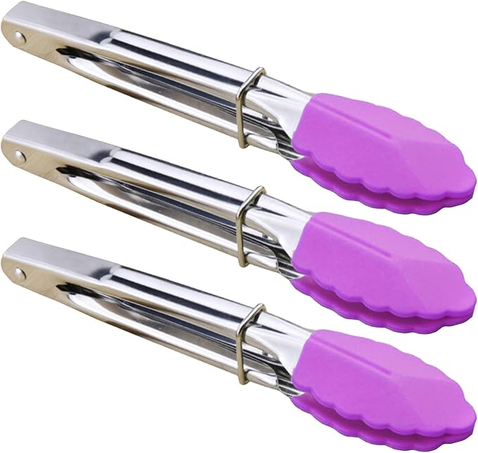 HINMAY 7-Inch Stainless Steel Tongs with Silicone Tips Locking Metal Food Tongs, Set of 3 (Purple)