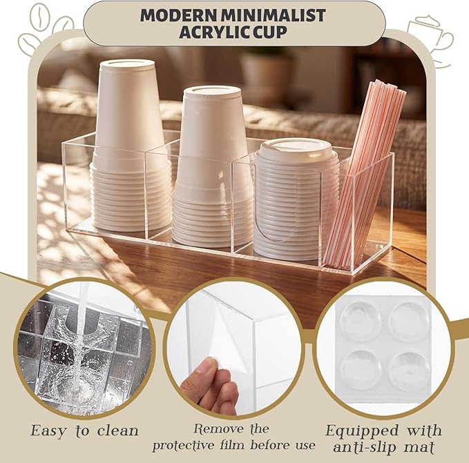 Novabright 4 Compartments Coffee Cup Holder for Countertop Cup Lid and Straw Dispenser Coffee Station Organizer Bar Accessories for Breakroom Restaurant, 15.3 x 4.7 x 4 (Clear,Acrylic)