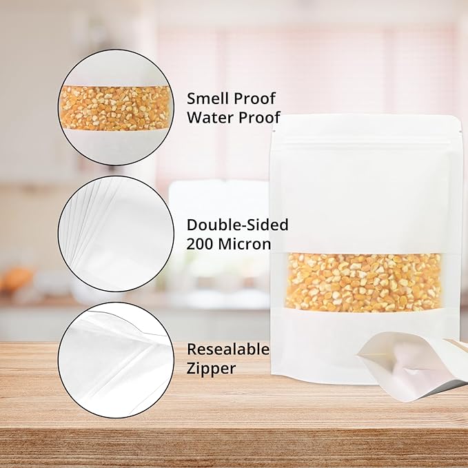 80PCS 5.5"X8" Kraft Paper Bags with Window,Resealable White Small Stand Up Pouches for Food Storage,Reusable Zipper Lock Packaging Bags for Small Business&Personal,Cookie,Snacks,Tea,Coffee