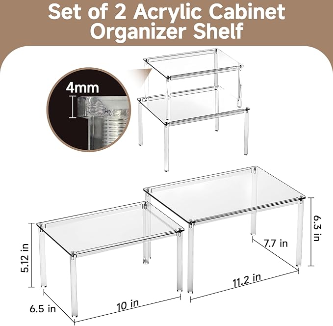 Clear Kitchen Cabinet Organizer, Set of 2 Stackable Spice Rack, Acrylic Shelves for Pantry Organizers and Storage, Tiered Spice Organization for Cabinet, Shelf Organizer for Desk Countertop