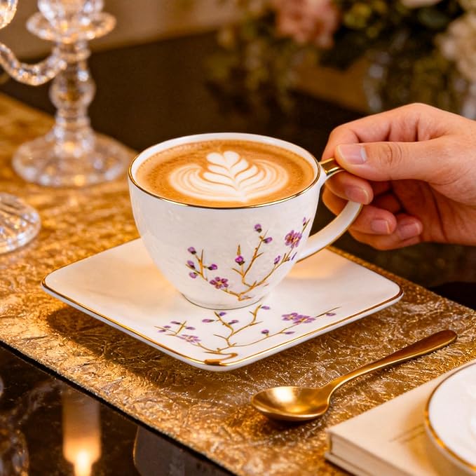 KAMMAK Tea Cups and Saucers Set of 2, Fine Bone China Coffee Cups, Stackable Espresso Mugs, Ceramic Demitasse for Coffee, Cappuccino, Latte, Americano, Tea, Golden Plum (White + Blue)