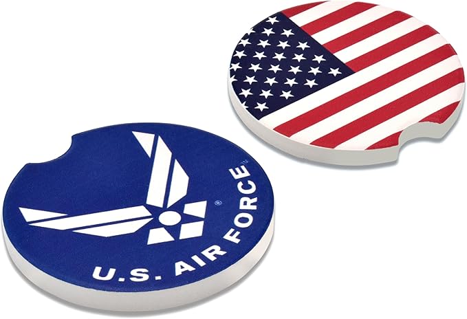 Elektroplate Officially Licensed United States Air Force & USA Flag Automotive Ceramic Coasters (2.6") | Universal Fit for All Cars, Trucks, SUVs & More | Absorbent Non-Slip Durable | Set of 2