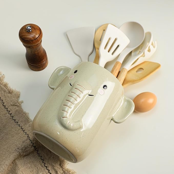 Ceramic Cartoon Animal Pattern Kitchen Utensil Holder, Large Cooking Utensil Crocks for Kitchen Countertop, Cartoon Style Utensil Organizer for Spatula, Kitchen, Home Decoration-Elephant