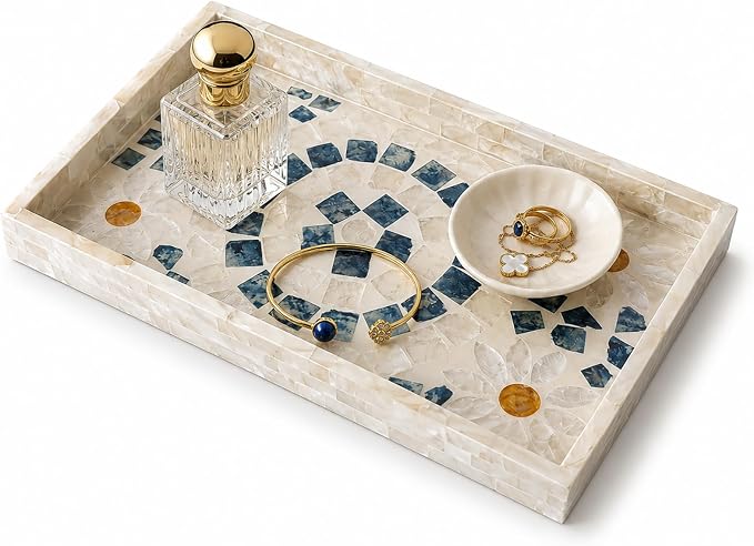 Mother of Pearl Inlay Wooden Tray – Handmade Decorative Rectangle Serving Tray for Coffee Table, Kitchen, Bathroom, Vanity or Living Room Decor, Star Wheel