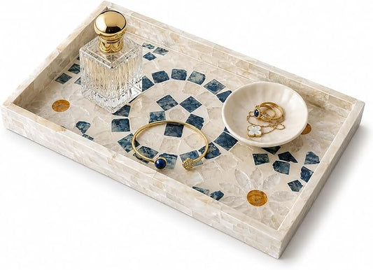 Mother of Pearl Inlay Wooden Tray – Handmade Decorative Rectangle Serving Tray for Coffee Table, Kitchen, Bathroom, Vanity or Living Room Decor, Star Wheel