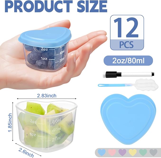 12pcs 2 oz Salad Dressing Container Heart-Shaped, Mini Condiment Containers with Leak-proof Lids for Bento Box, Reusable Plastic Food Storage Cups for Valentine's Day Party, Picnic