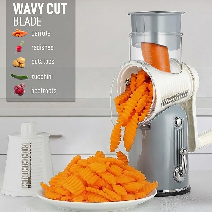 Zulay Kitchen Rotary Cheese Grater 5 Blade Cheese Shredder - Manual Hand Crank Cheese Grater With Reinforced Suction & 5 Interchangeable Drums - Easy to Use, Vegetable Chopper Round Mandoline Slicer