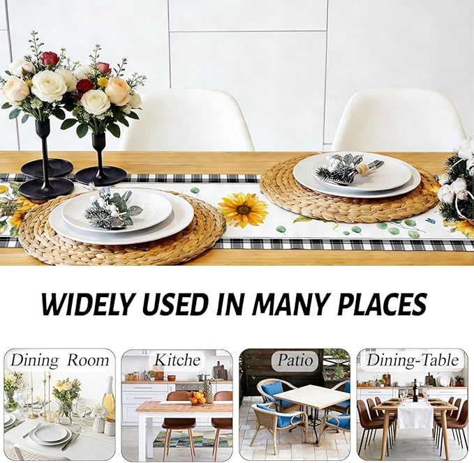 Sunflower Table Runner, Buffalo Floral Table Runners 13x72 inches, Sunflower Living Room Kitchen Dining Decor for Seasons Spring Summer Fall Farmhouse Home Party Indoor Outdoor Decor