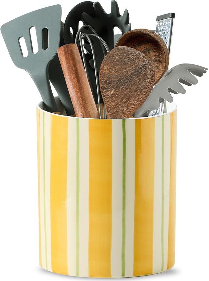 7" Hand-Drawn Lines Utensil Holder, Large Kitchen Utensil Holder Organizer ,Stable Utensil Crock Spatula Holder for Kitchen Counter Countertop Farmhouse Cooking Tools Holder