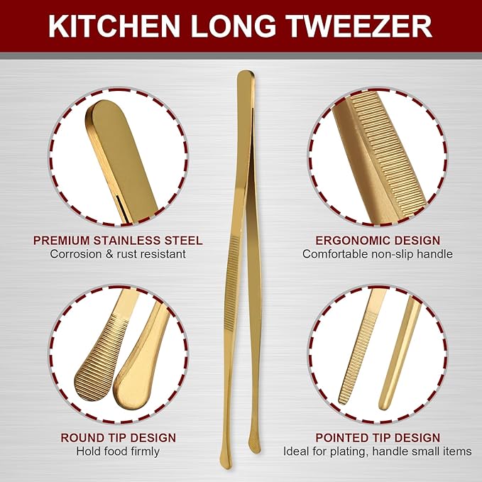 12 Inch & 10 Inch Fine Long Tweezers Tongs Stainless Steel, Gold Professional Kitchen Tweezers Tongs for Cooking, BBQ, Plating, Repairing (Pack of 4)
